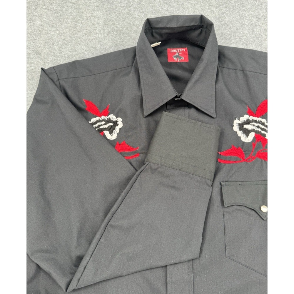 Vintage Chute Western Shirt Black Red Floral Embroidery Pearl‎ Snap